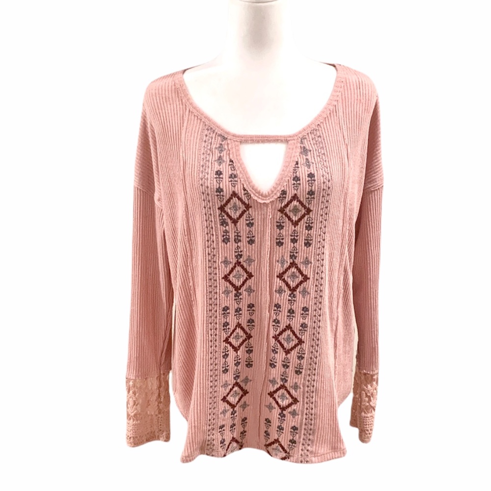 Knox Rose Pink Waffle Knit Lace Detail Long Sleeve Top